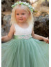 Sleeveless Ivory Lace Sage Tulle Long Flower Girl Dress